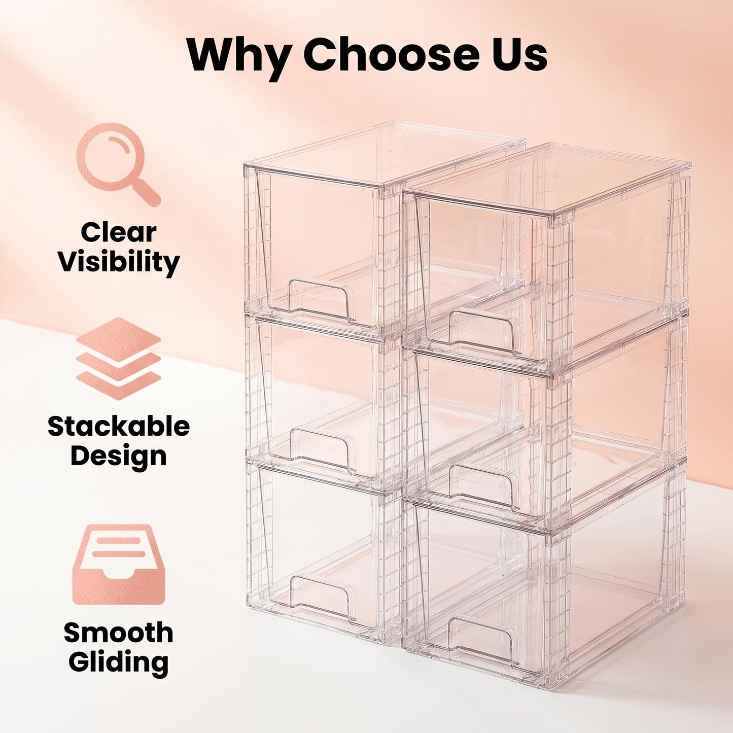 Clear Stackable Storage Drawer Bins in Four-, Six- or Eight-Piece Sets for Countertop Organization