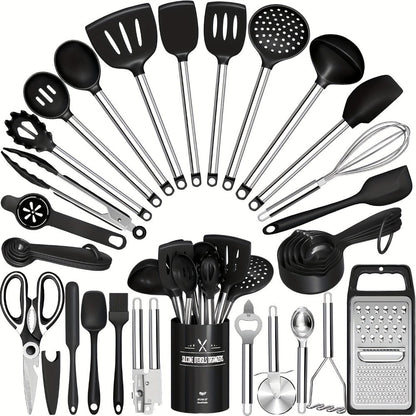 Silicone Cooking Utensils Set 34 Piece with Stainless Steel Handle, Heat Resistant Kitchen Gadgets Tools for Nonstick Cookware, Spatulas Spoons Tongs Whisk Complete Kitchen Accessories Gift Set