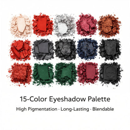 Eyeshadow Palette 15-Shade Dark Gothic Color Mix with Matte, Shimmer and Glitter Finishes in Black Case