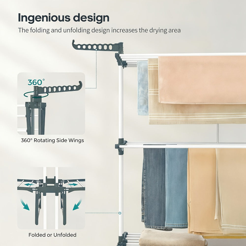 Four-Tier Foldable Metal Clothes Drying Rack with Casters for Up to 30 Garments and Small Spaces