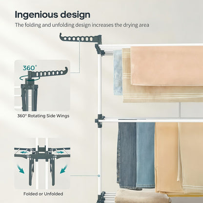 Four-Tier Foldable Metal Clothes Drying Rack with Casters for Up to 30 Garments and Small Spaces