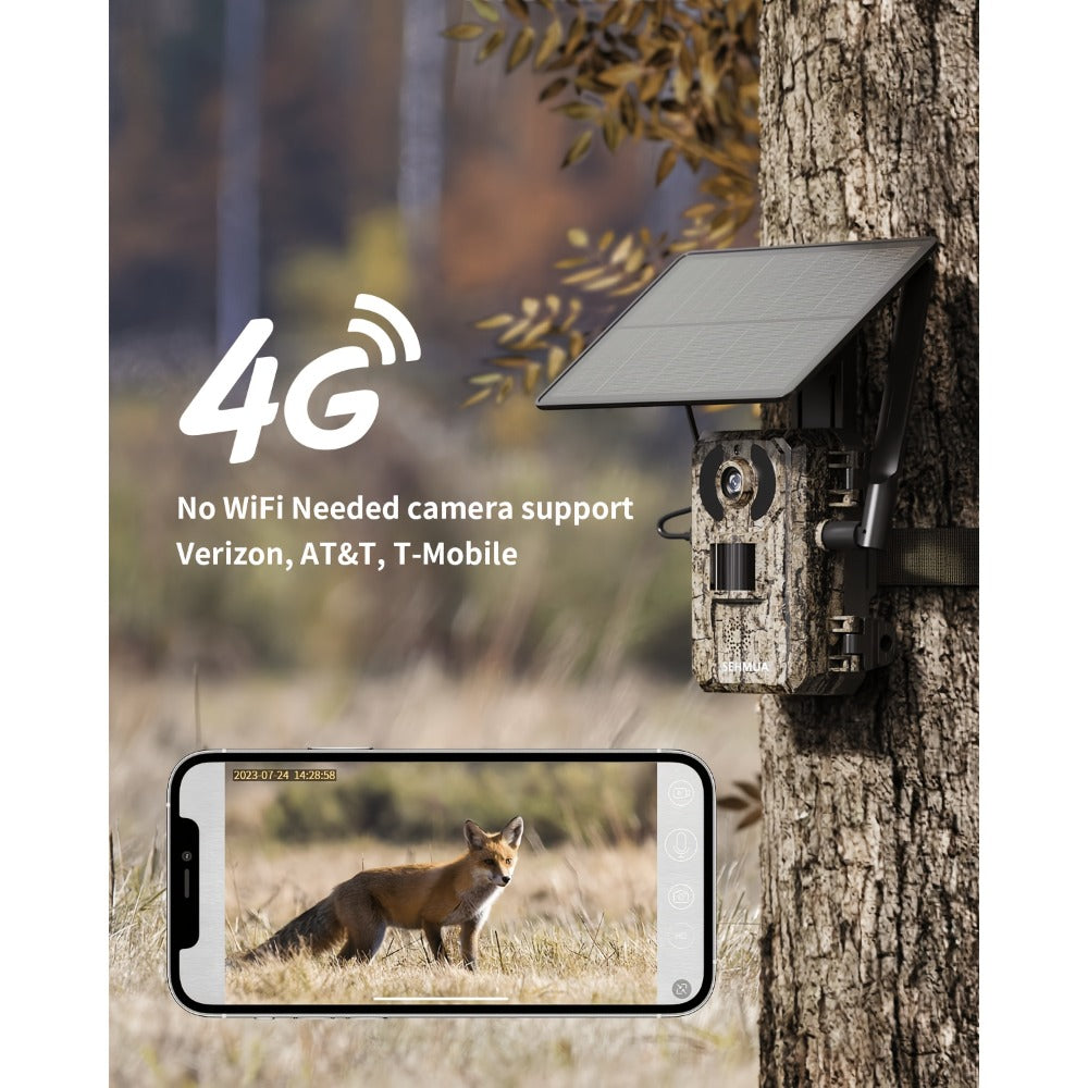 Solar Powered 4G Trail Camera 4K Live View 0.2s Trigger Speed 120° Wide Angle 850nm Night Vision No WiFi Needed Cellular Hunting Wildlife Game Camera with Remote Phone Access