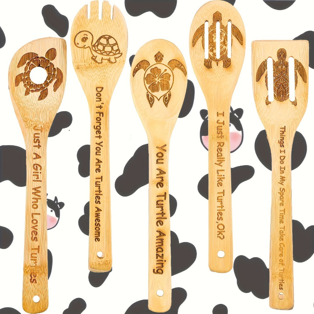Kitchen Utensils Five-Piece Bamboo Spoon and Spatula Set with Engraved Turtle Designs for Cooking