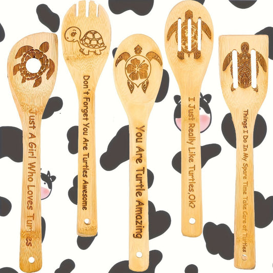 Wooden Cooking Spoons Utensils Set 5 Pcs – Carved Animal Bamboo Kitchen Gadgets Non-Stick Spatula Kit, Turtle Design Farmhouse Decor, Housewarming Christmas Gift for Cooking Enthusiasts