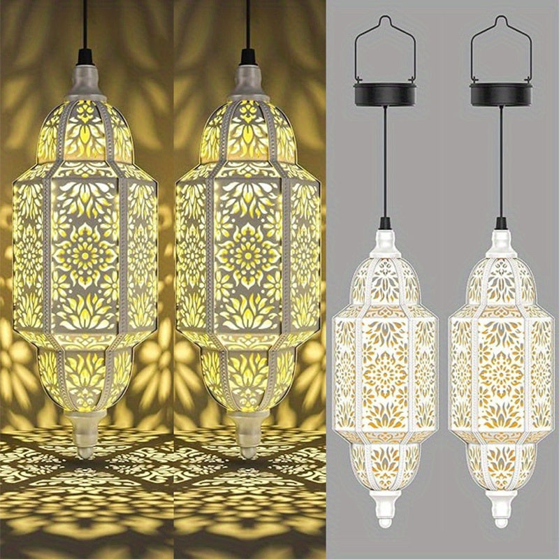Solar Lanterns Outdoor 2 Pack Moroccan Cut-Out Design IP54 Waterproof Auto Dusk-to-Dawn Garden Pathway Patio Lantern Lights Gold Purple White Copper
