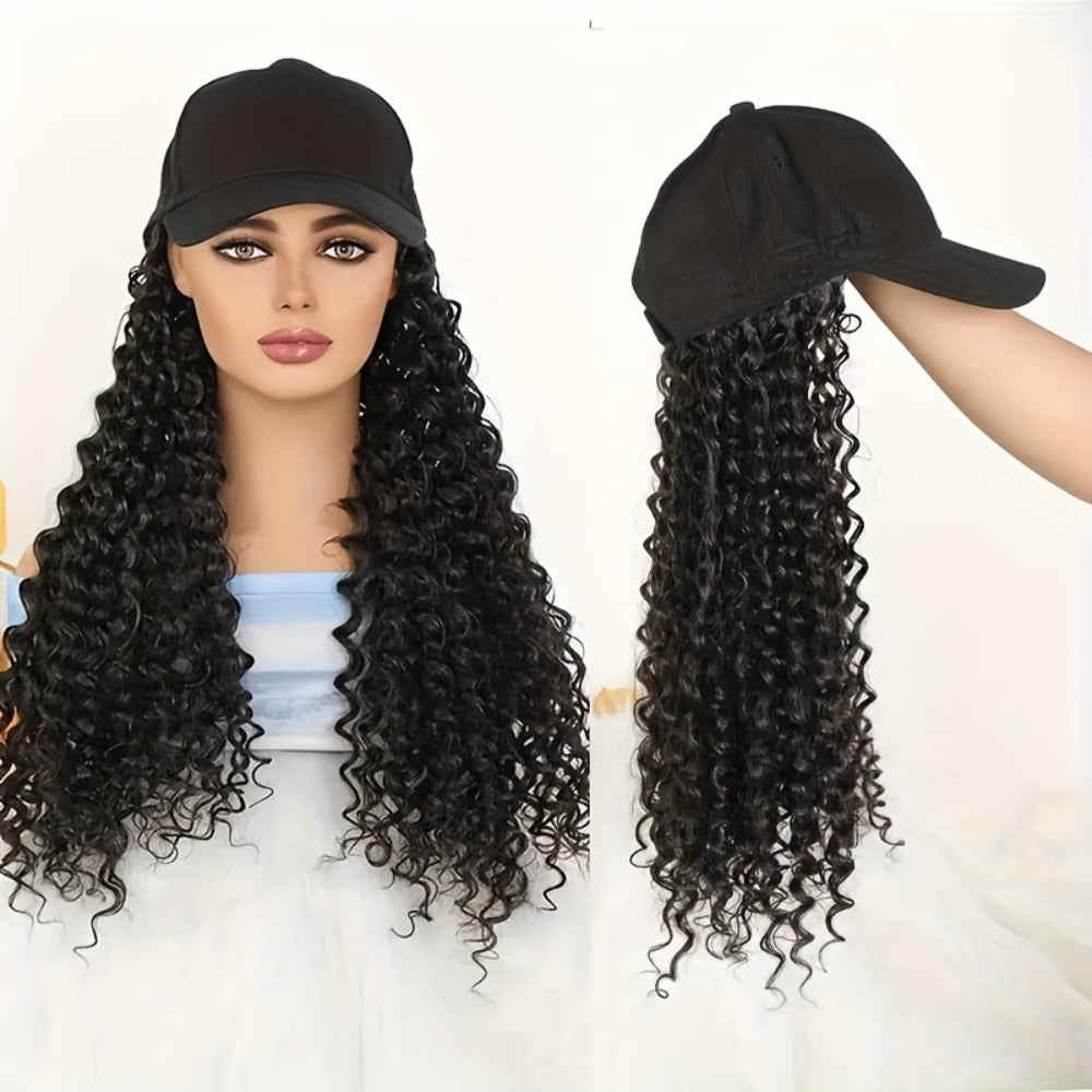 Afro Kinky Curly Baseball Cap Wig for Women 18 Inch Hat and Wig Combo Adjustable Elastic Net Long Synthetic Curly Hair Multi-Color Casual Daily Outdoor Wear