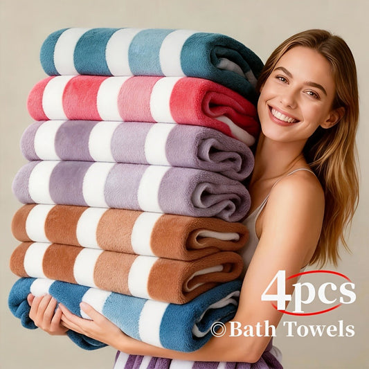 Bath Towels Set 1 or 4 Pack Microfiber Two-Color Striped Towels 27 x 55 Inch in Gray, Red and Green