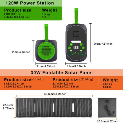Solar Generator 120W LiFePO4 Battery 99.84Wh Portable Power Station with 30W Foldable Solar Panel AC DC USB Type-C for Camping Hiking Emergency CPAP Laptop