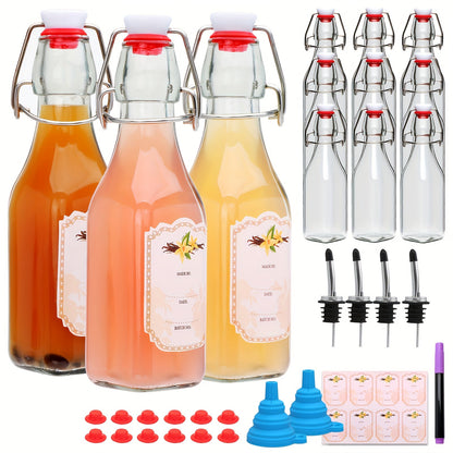 Glass Bottles with Airtight Lids 8oz - 6 9 12 Pack Clear Kitchen Storage Bottles for Kombucha Home Brewing Vanilla Extract Vinegar Homemade Juice Water Soda | Meal Prep Pantry Organization
