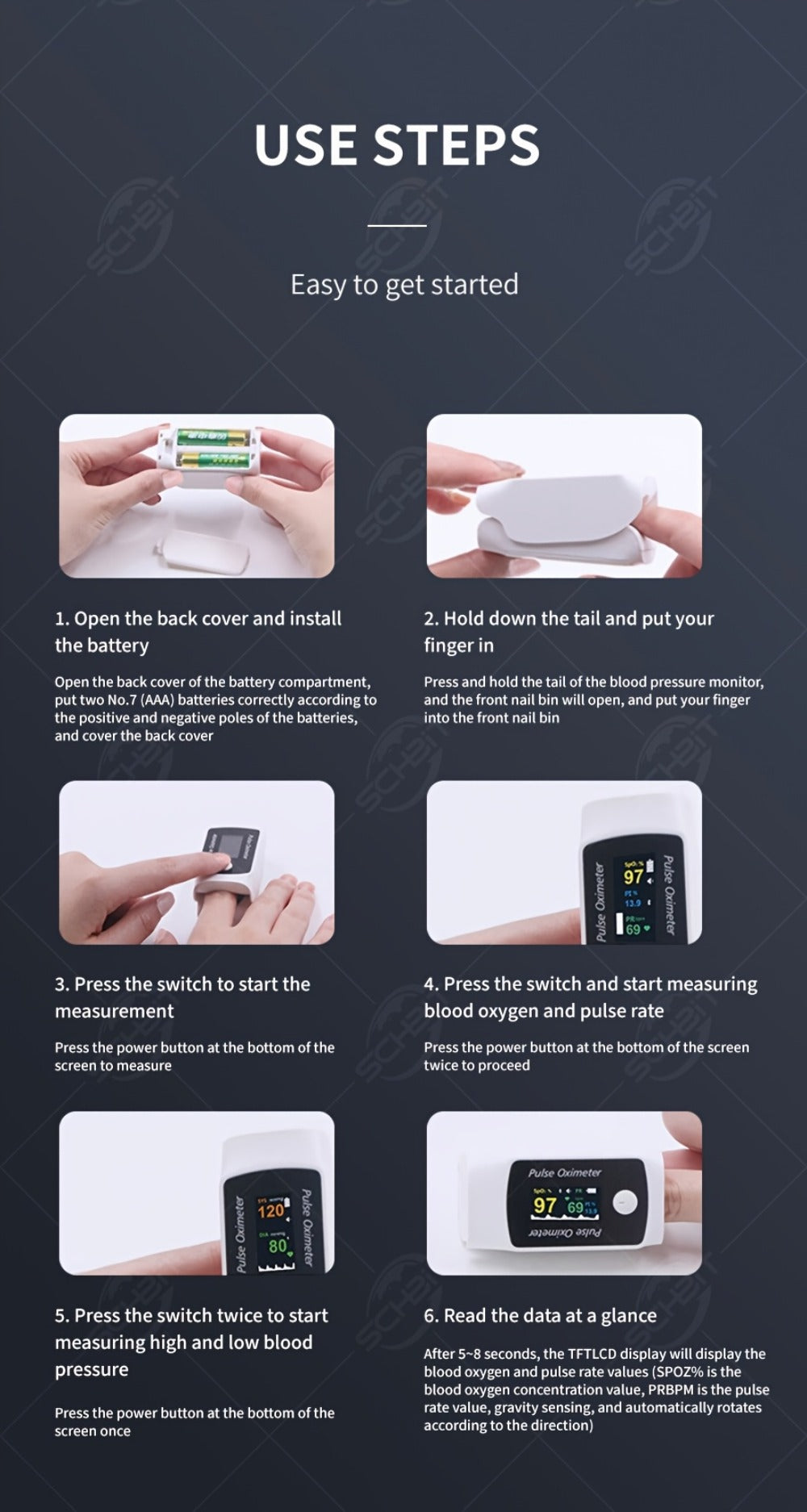 Fingertip Pulse Oximeter with Rotating Display, Bluetooth-Labeled Data View and 6.6 x 3.3 cm Body