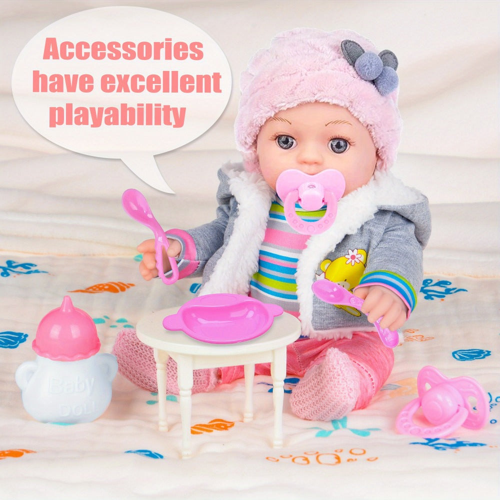 12-Inch Baby Doll Playset with Gray Coat, Pink Hat, Bottle, Pacifier, Socks and Three Tableware Pieces