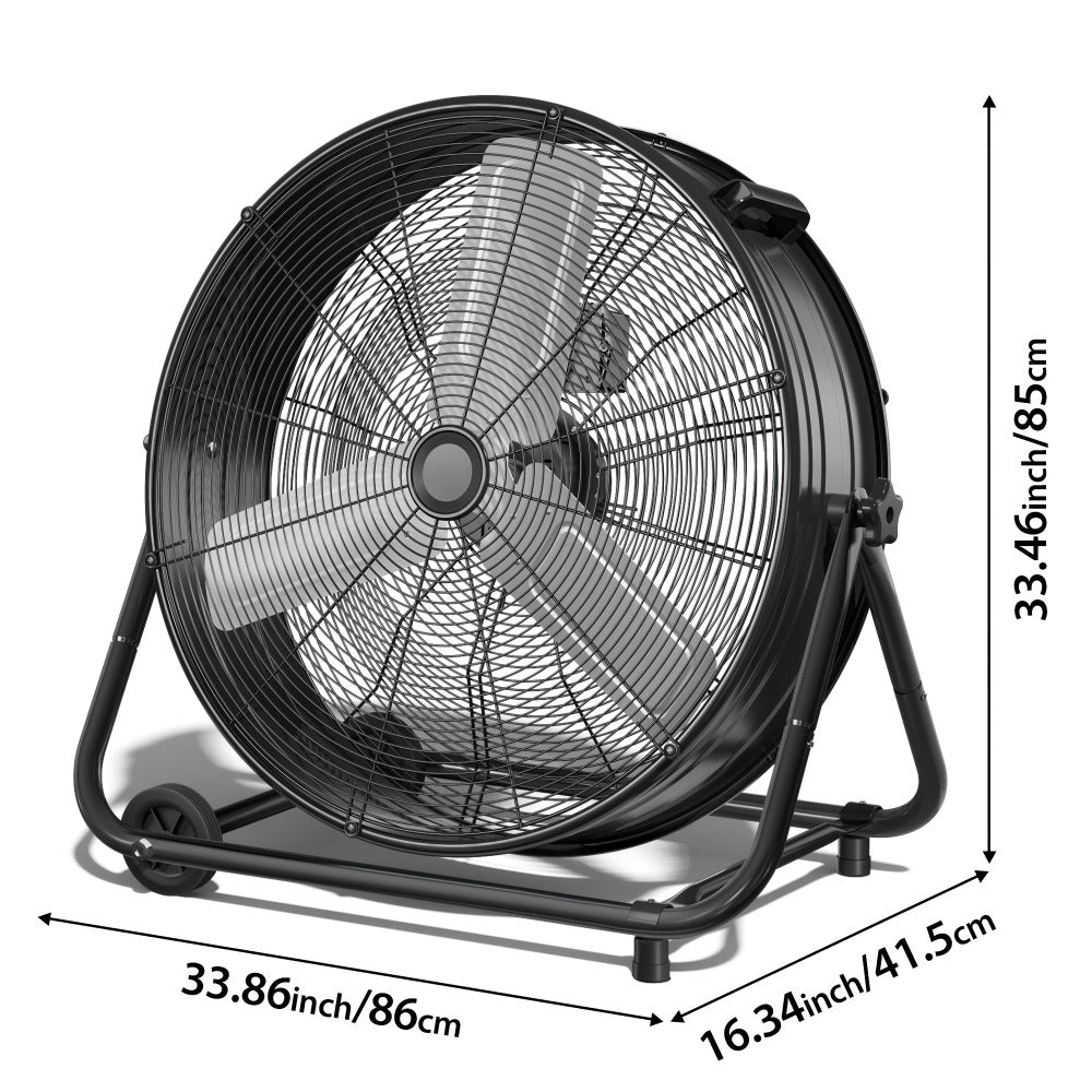 Industrial Drum Floor Fan with Three Speeds, Tilt Frame and 24- or 30-Inch Black, Orange, Green or Yellow Options