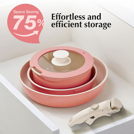 Nonstick Cookware Set 5-Piece Detachable Handle Aluminum Pots and Pans – Space-Saving Stackable Induction Compatible | 8 & 10 Inch Frying Pan Soup Pot Universal Lid | White Pink Beige Coral Pink