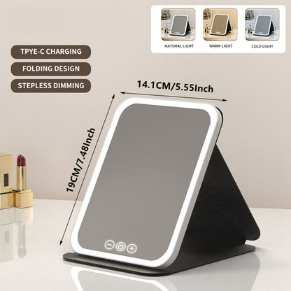Makeup Mirror Foldable LED Travel Stand with Three Light Colors, Touch Dimming, USB Charging and Pink or White Options