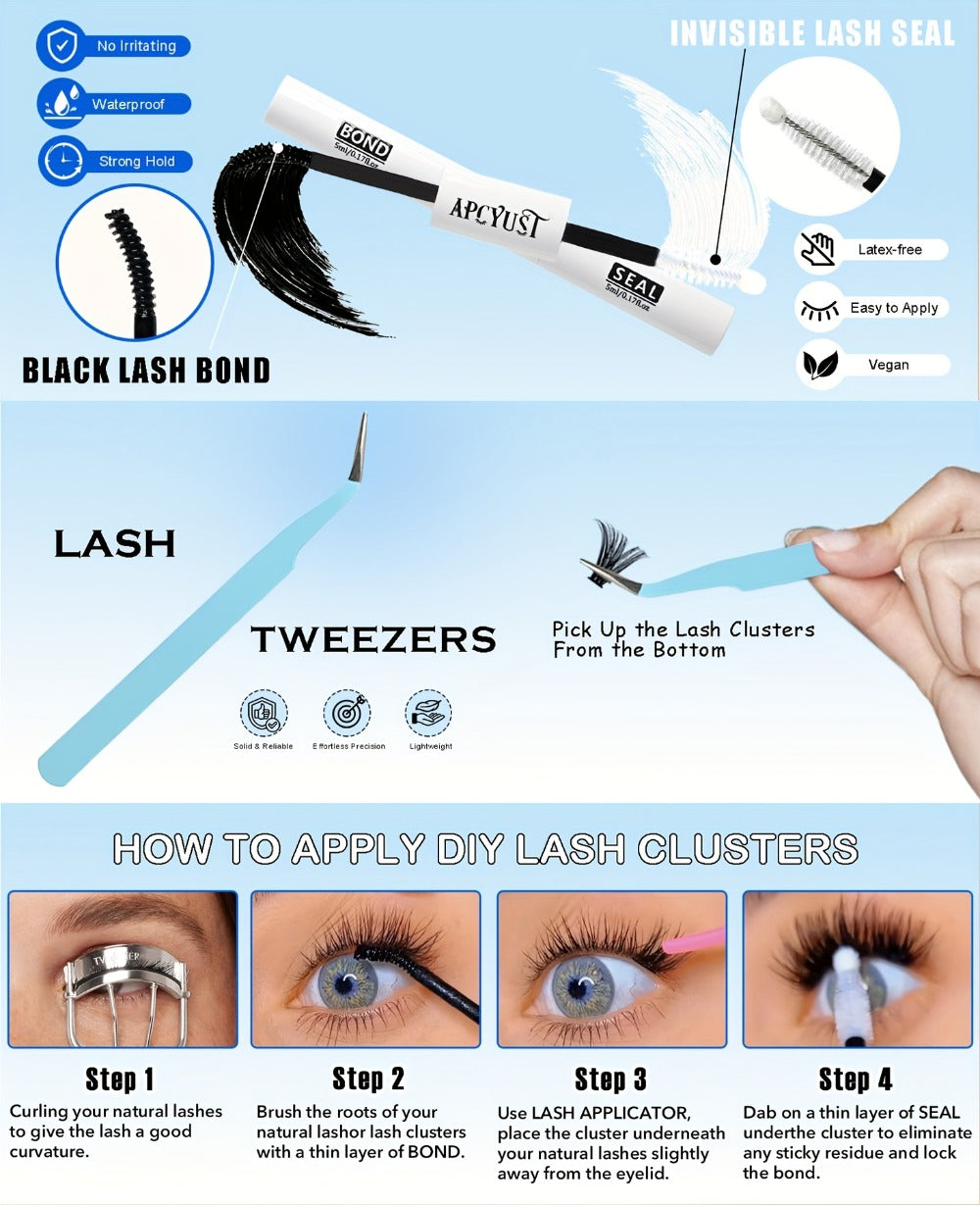 C-Curl Spike Lash Extension Kit with 140 Clusters in Mixed 8-18mm Lengths, Adhesive Tube and Curved Applicator