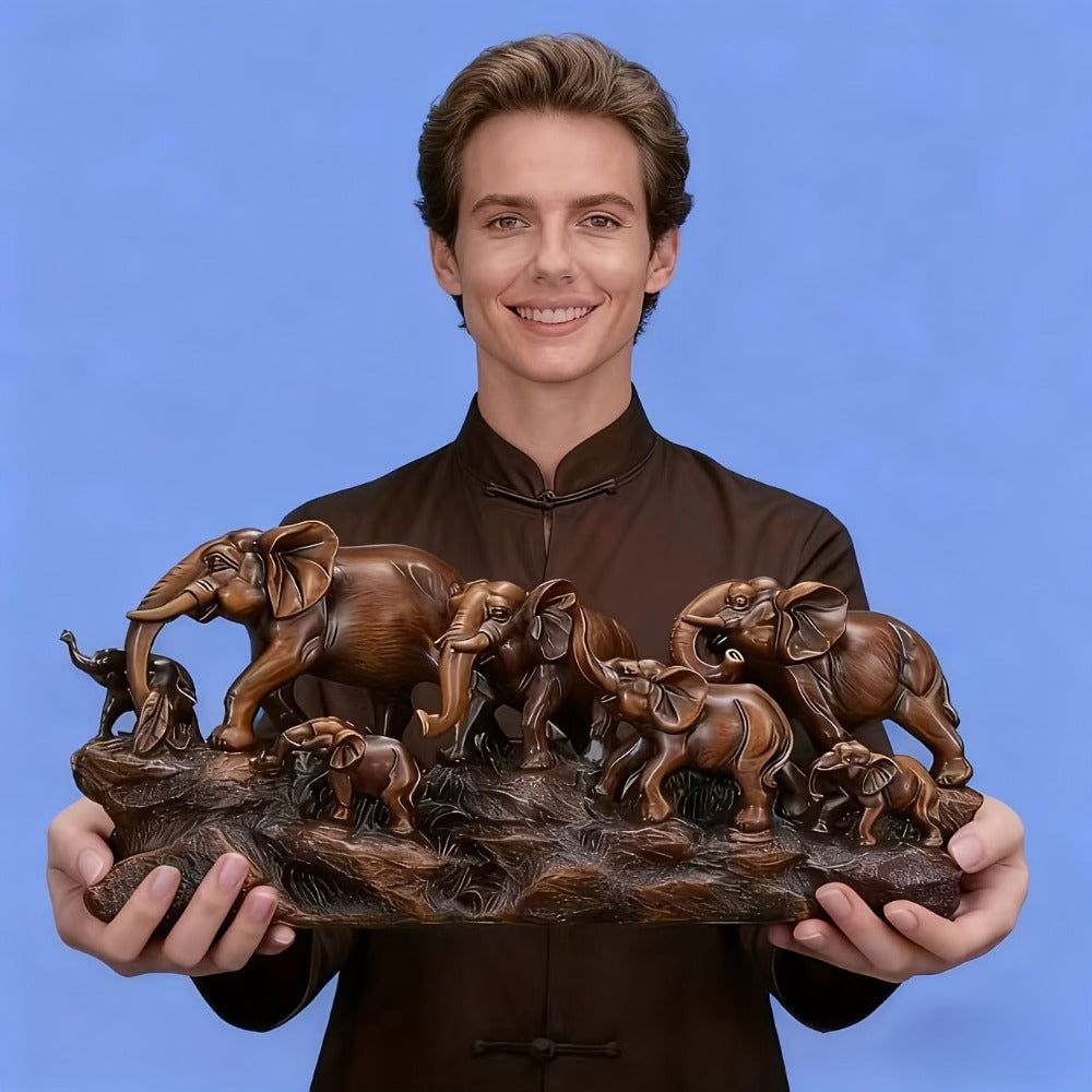 Elephant Family Figurine with Resin Herd Sculpture on Textured Base, 36 x 16 x 10cm Horizontal Shelf Format