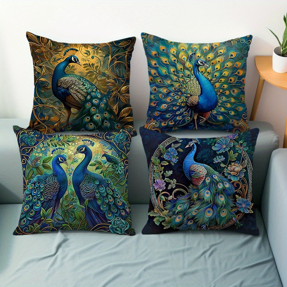 Vintage Peacock Throw Pillow Covers, Set of Four 18 x 18-Inch Short-Plush Cases with Zipper Openings