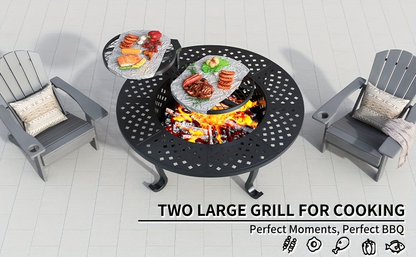 Fire Pit 43 Inch with 2 Cooking Grills & Lid Outdoor Wood Burning Firepit Round Metal Table for Backyard Patio Garden Camping Bonfire