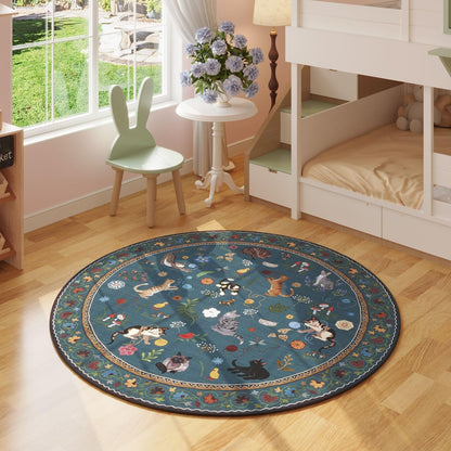 Area Rug, Vintage Blue Cat and Floral Low-Pile Carpet in Rectangle, Runner and Round Size Options