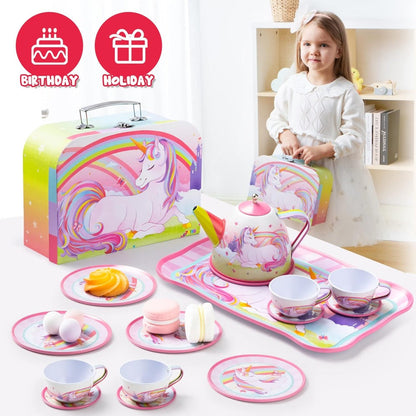 Pink Unicorn Tin Tea Set in Carry Case with Teapot, Four Cups, Four Saucers and Five Plates