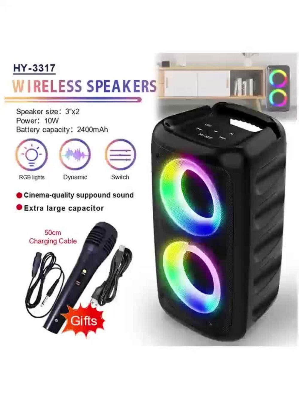Portable Bluetooth Speaker HY-3317 with Dual Speakers, Subwoofer, LED, Mic, 2400mAh and USB-C
