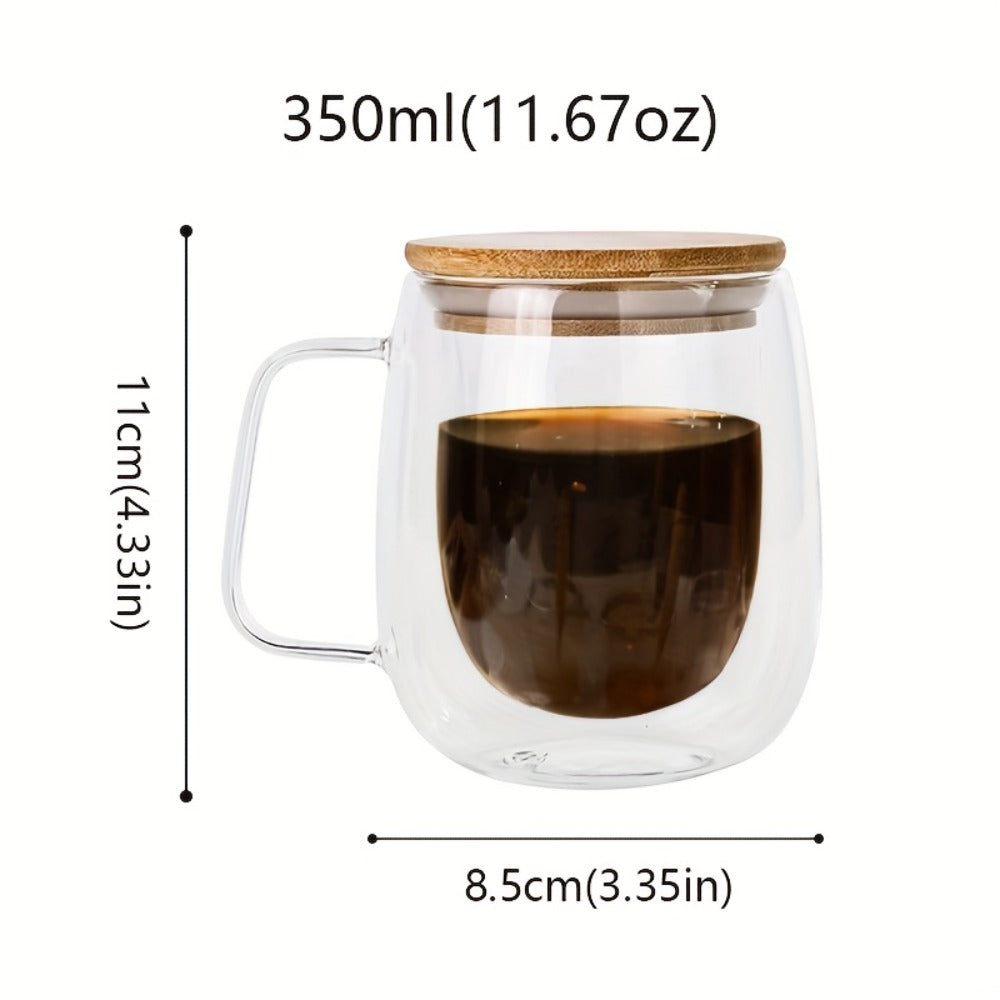 Four-Piece Double-Wall Glass Coffee Cup Set with 350 ml Capacity, Wooden-Style Lids and Spoons
