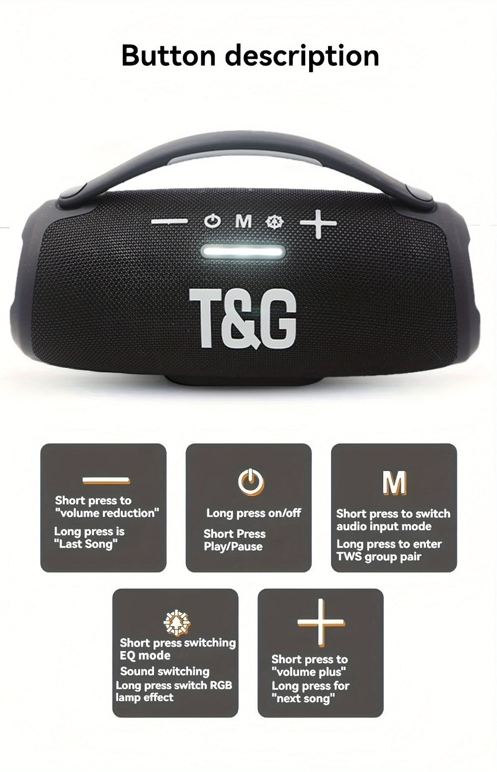 Portable Bluetooth Speaker TG418 with 3000mAh Battery, EQ, LED Lights, Type-C, TF, USB and AUX