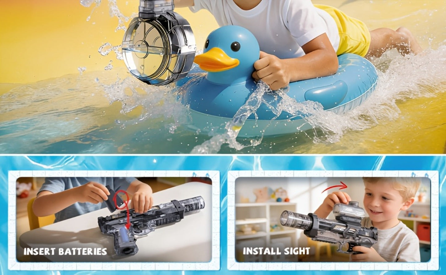 Two-Piece Electric Light-and-Sound Water Blaster Sets in 727 or 737 Models and Blue or Black Colors