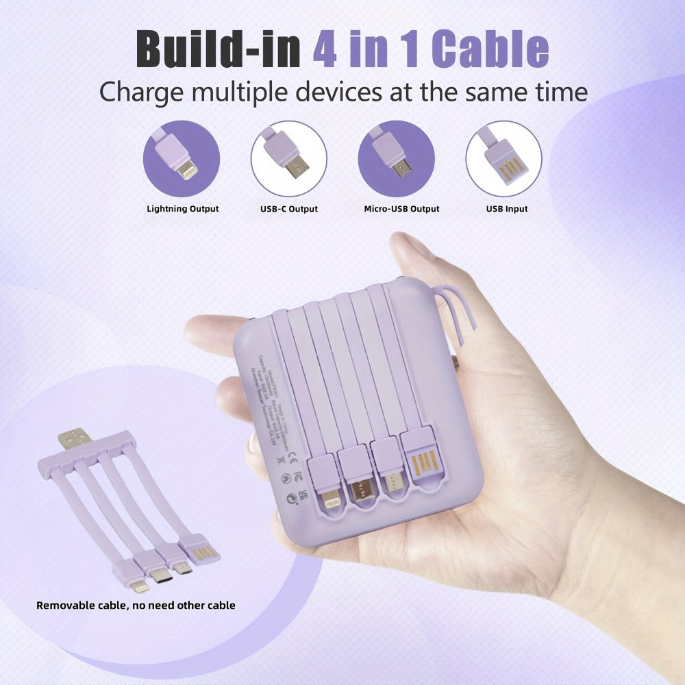 Power Bank 10000mAh with Built-In Cable Set, 5W/15W/22.5W Variants, Display and Lanyard for Travel