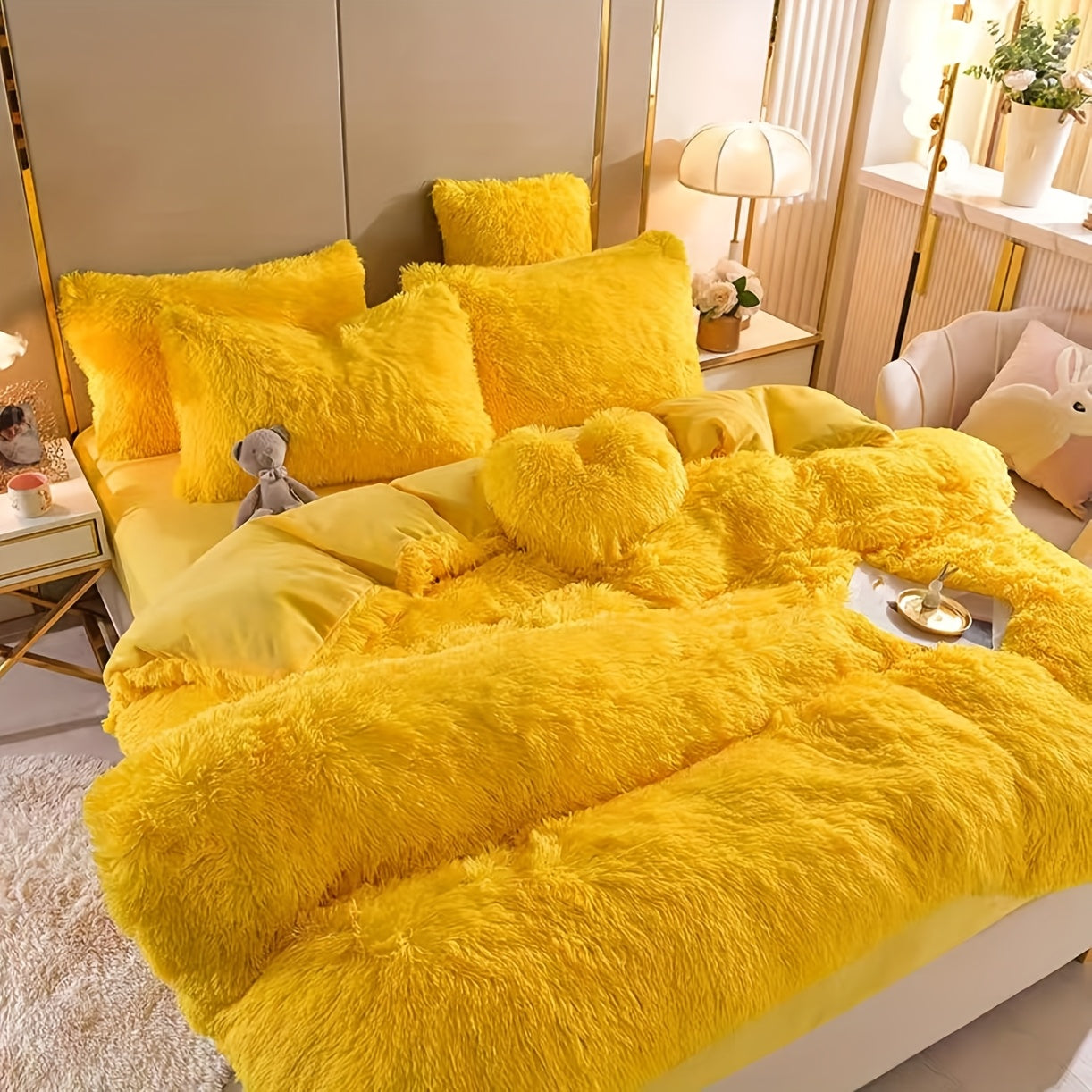 Plush Four-Piece Duvet Cover Set with Bed Sheet, Two Pillowcases, Queen or King Size and Eight Colors