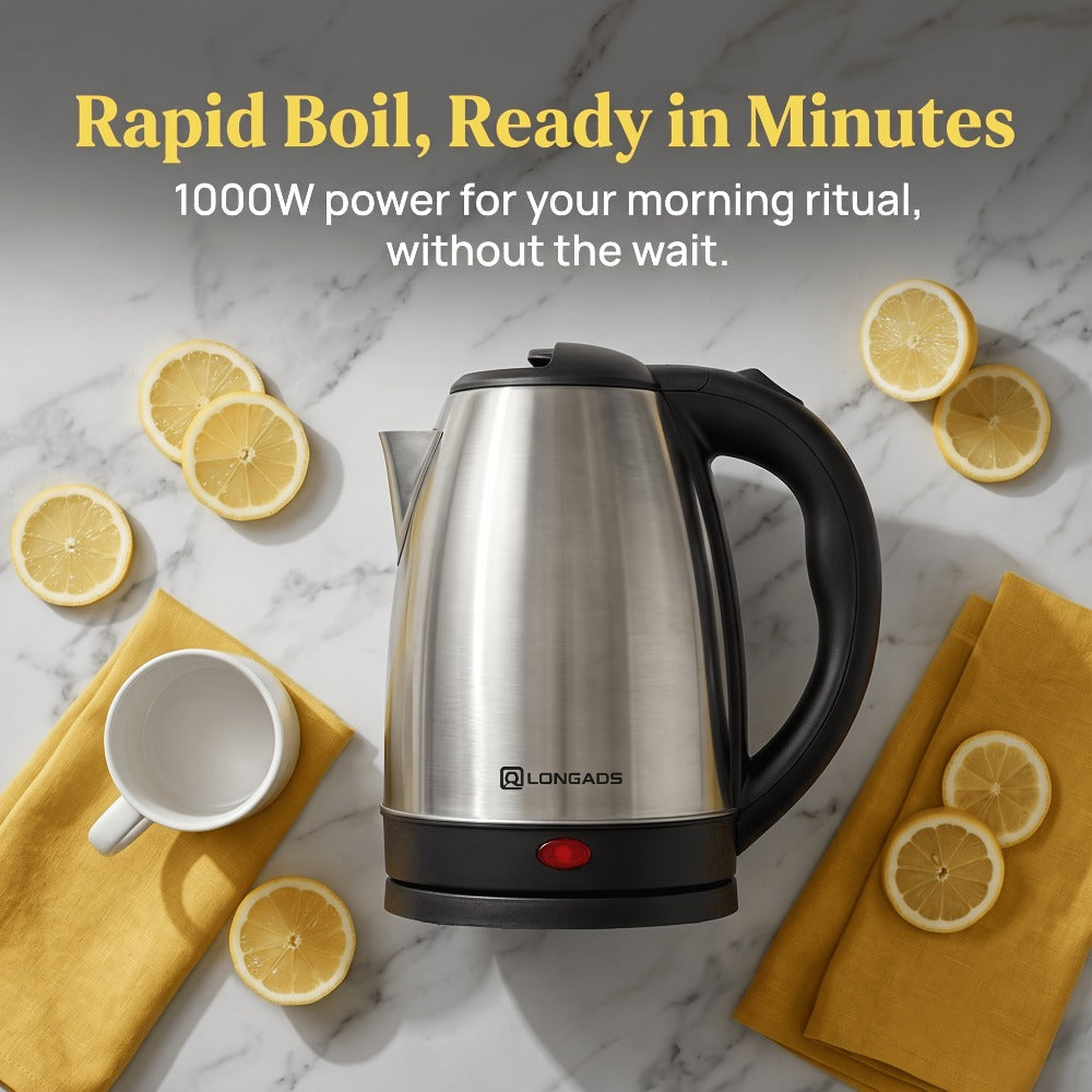 Electric Kettle by LONGADS, 2L 1000W Stainless Steel Body with Seamless Interior and Black Trim