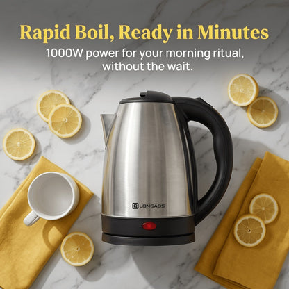 Electric Kettle by LONGADS, 2L 1000W Stainless Steel Body with Seamless Interior and Black Trim