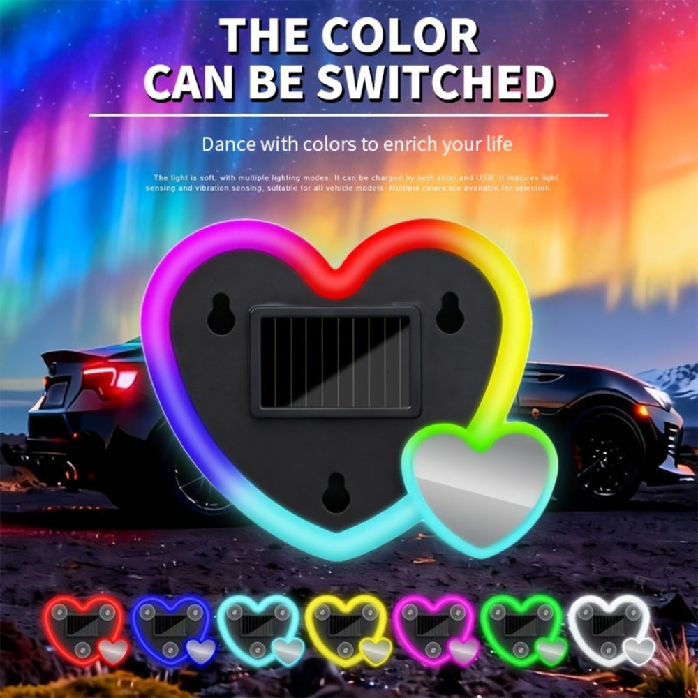 Car Interior Neon Heart Lights Solar USB Rechargeable 5 Lighting Modes Vibration-Sensing Auto On/Off Dashboard Decoration for Cars Trucks SUVs, 2pcs Set Iridescent Pink Blue Red Ice Blue Gift