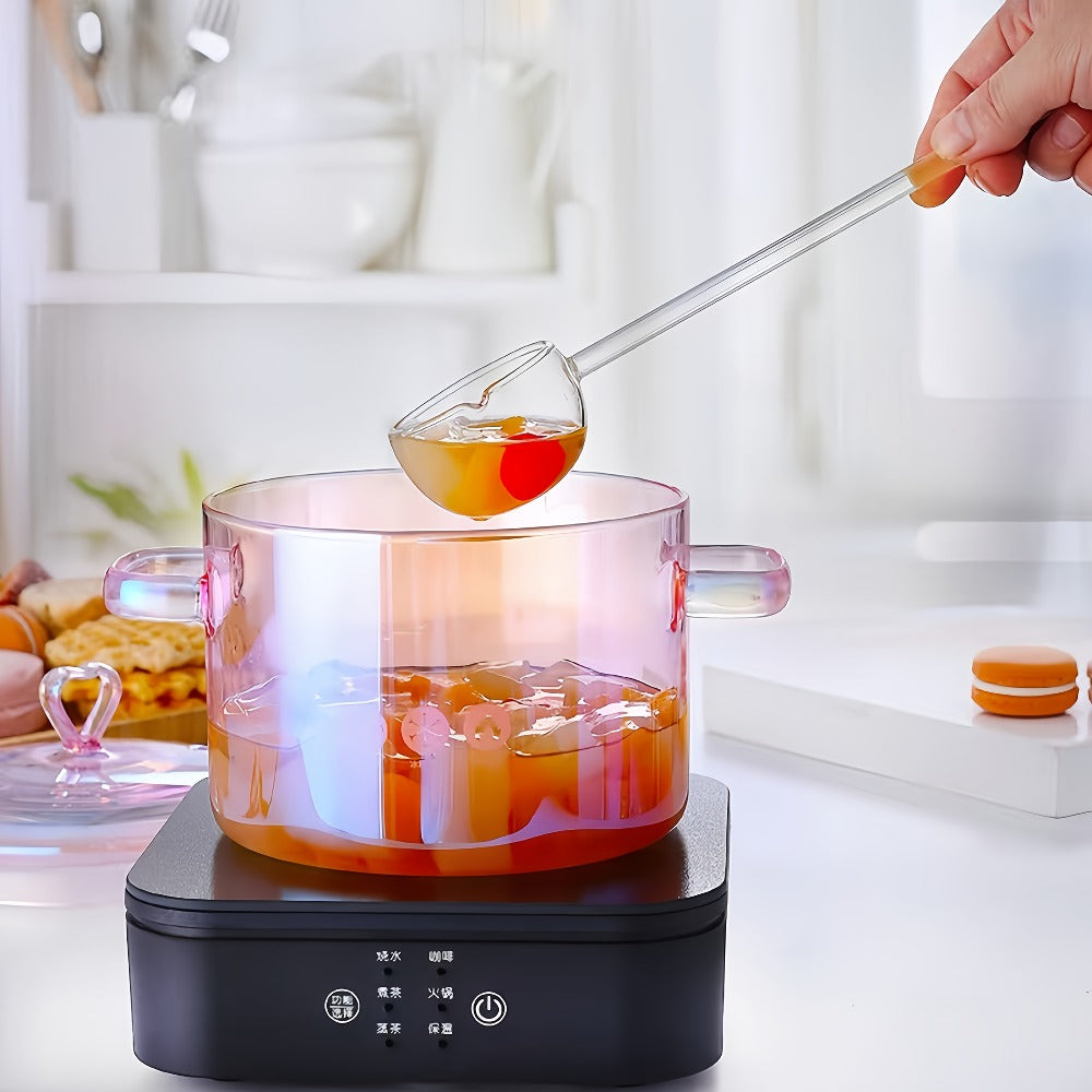 Glass Cooking Pot Cookware with 1500ml Capacity, Heart-Shaped Lid and Transparent Pink Body