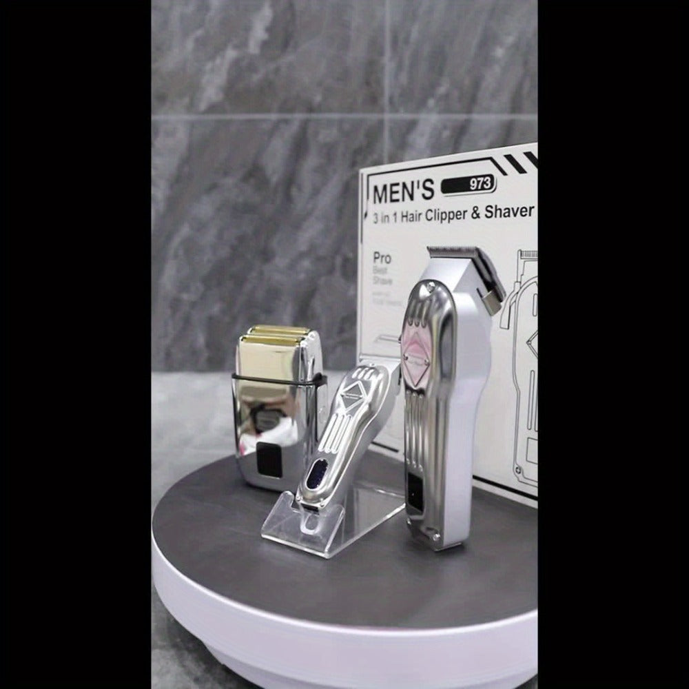 Hair Clippers & Trimmers Three-Piece Set with Full-Size Clipper, T-Blade Detailer, Foil Shaver and LCD Displays