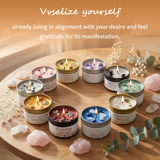 Manifestation Candles Scented Soy Wax with Golden Crystal – Law of Attraction Abundance Candle for Meditation, Yoga & Focus | Spiritual Gift for Women with Guidance Card | Christmas, Birthday, New Year