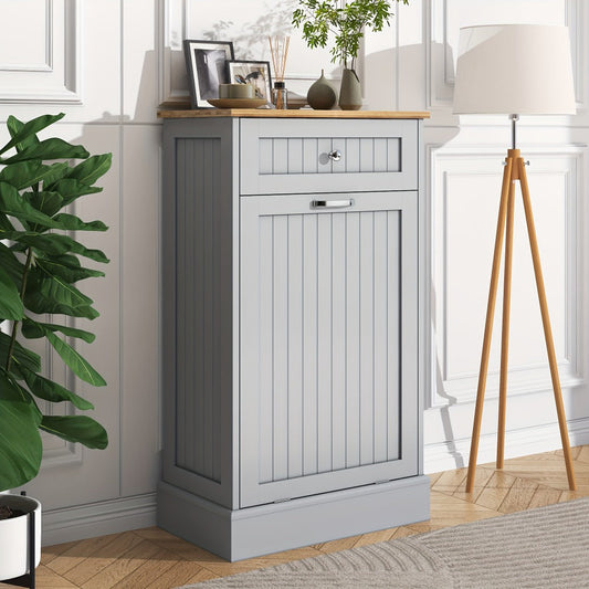 Tilt Out Trash Cabinet Freestanding Kitchen Garbage Cabinet with Cutting Board & Drawer – Wood Hideaway Recycling Station, Fits 10 Gal, Black/White