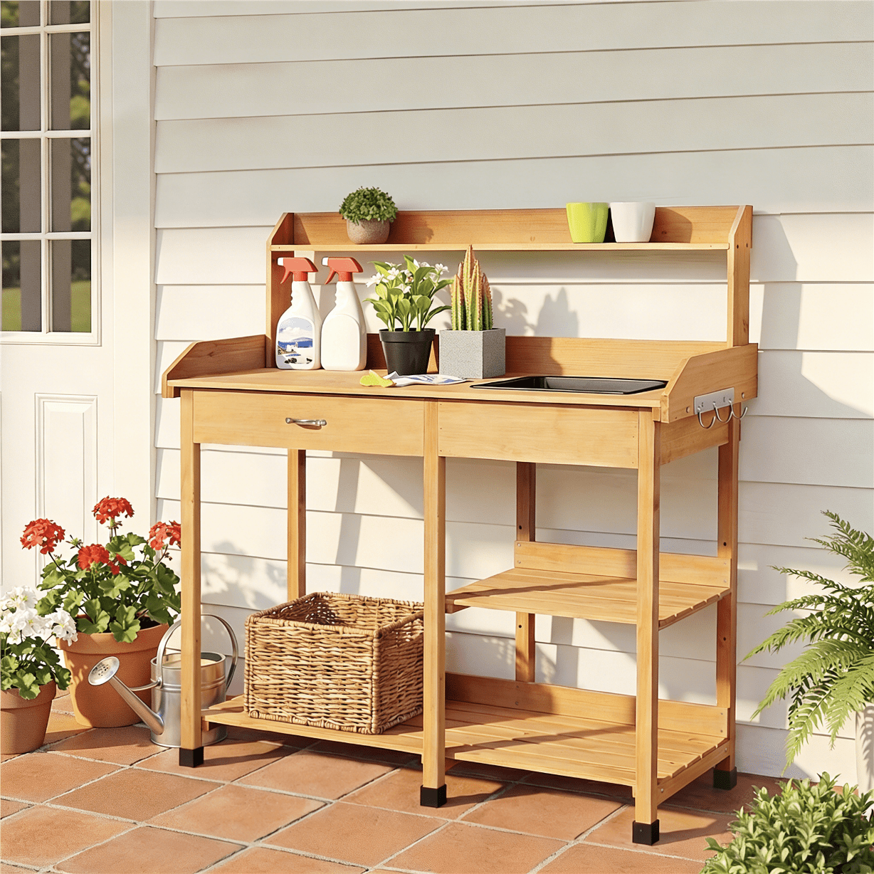 Four-Tier Garden Potting Bench with Removable Sink, Drawer, Adjustable Shelf and Three Side Hooks