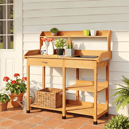 Four-Tier Garden Potting Bench with Removable Sink, Drawer, Adjustable Shelf and Three Side Hooks