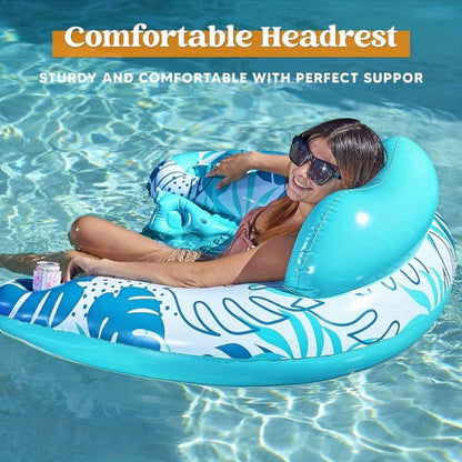 Leaf Print Inflatable Pool Chair Pair with Cup Holders, Blue and Pink 49 x 35 Inch Seats for Adult Lounging
