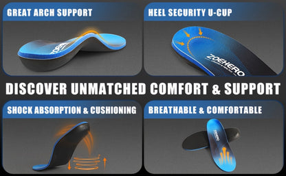 Blue Full-Length Shoe Insoles with Raised Arch Profile and Black Base in Ten Men's and Women's Size Options