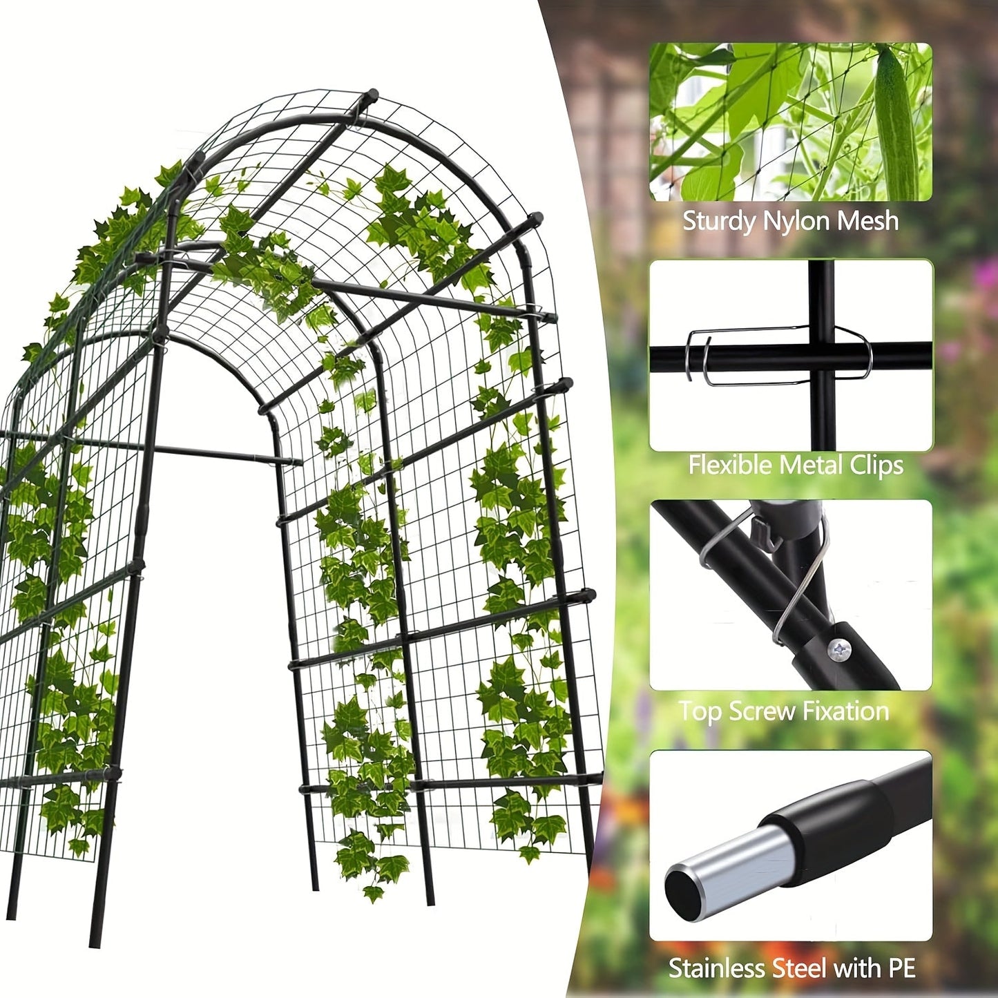 7.5-Foot Garden Arch Trellis with Metal Grid Panels, Seven Horizontal Pipes and Black Frame