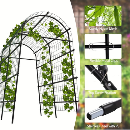 7.5-Foot Garden Arch Trellis with Metal Grid Panels, Seven Horizontal Pipes and Black Frame