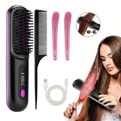 Cordless Hair Straightening Brush with USB-C Charging, Three Heat Levels and Black or White Options