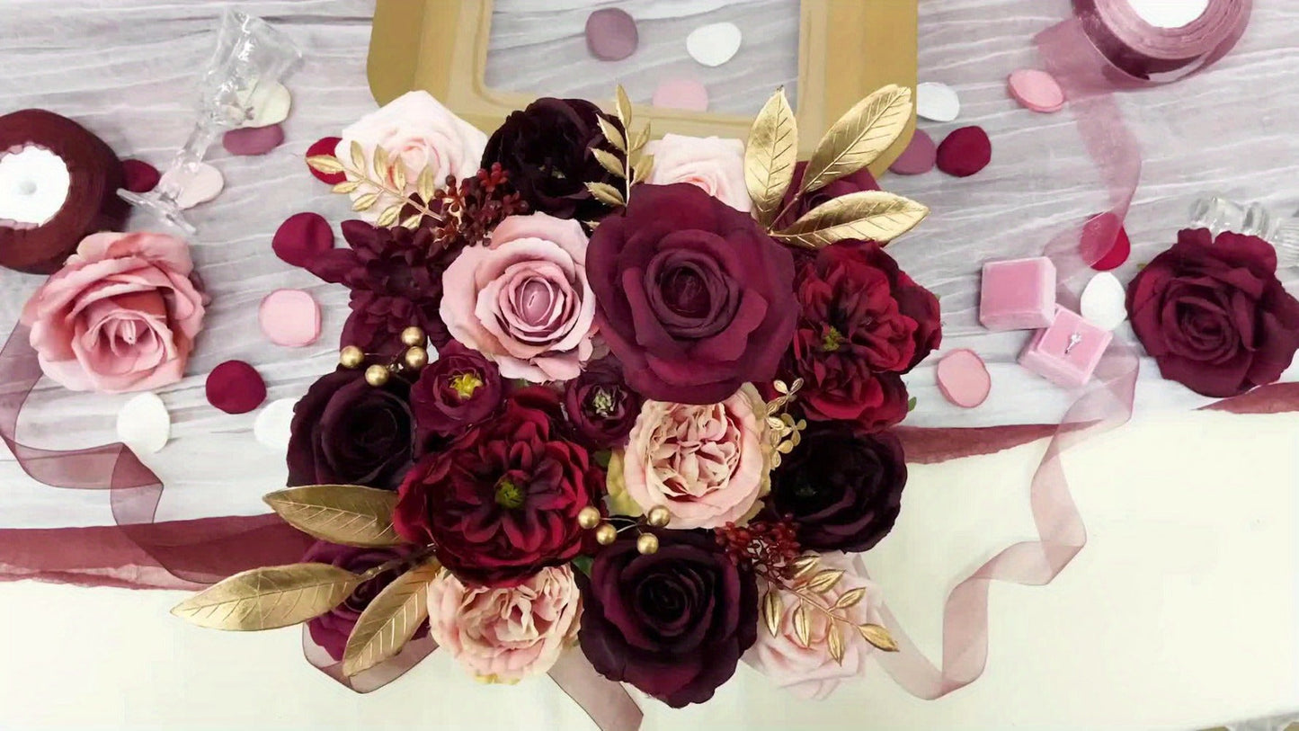 Artificial Flowers 12-Piece Wine Red Plastic Rose Bouquet for Wedding, Halloween and Tabletop Decor
