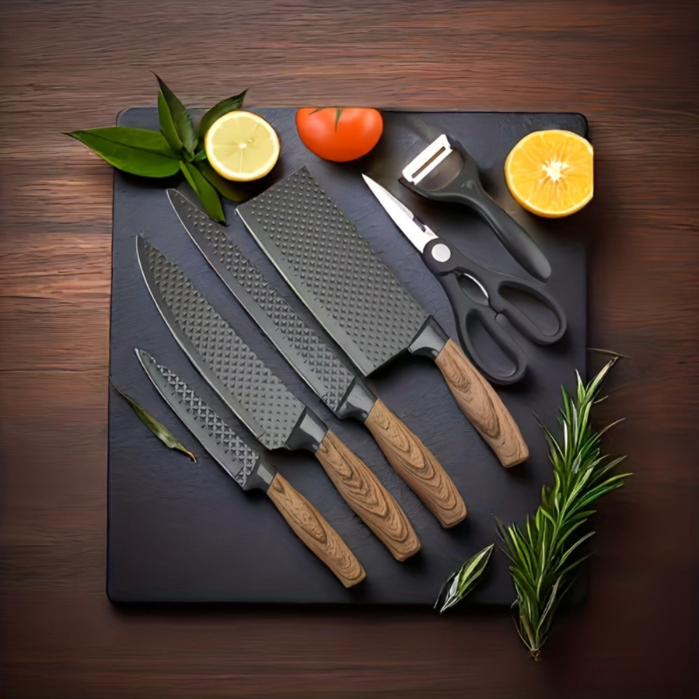 6-Piece Kitchen Knife Set – Chef's Knife, Slicing Knife, Scraper & Scissors | High Carbon Stainless Steel, Ergonomic Wooden Handle, Gift Box