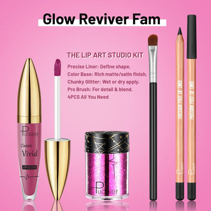 Metallic Glitter Lip Kit 4-Piece – Sparkling Lip Liner, High-Shine Lip Gloss, Chunky Glitter & Lip Brush Combo for Party, Festival, Rave & Holiday Makeup, Gift for Women
