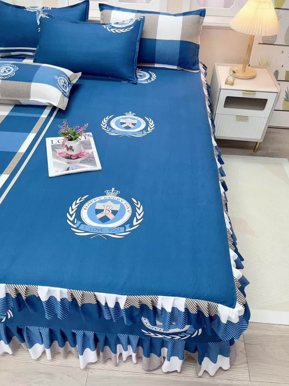 Three-Piece Floral Ruffle Bed Skirt Set with Two Pillowcases in Five Designs and Three Bed Sizes