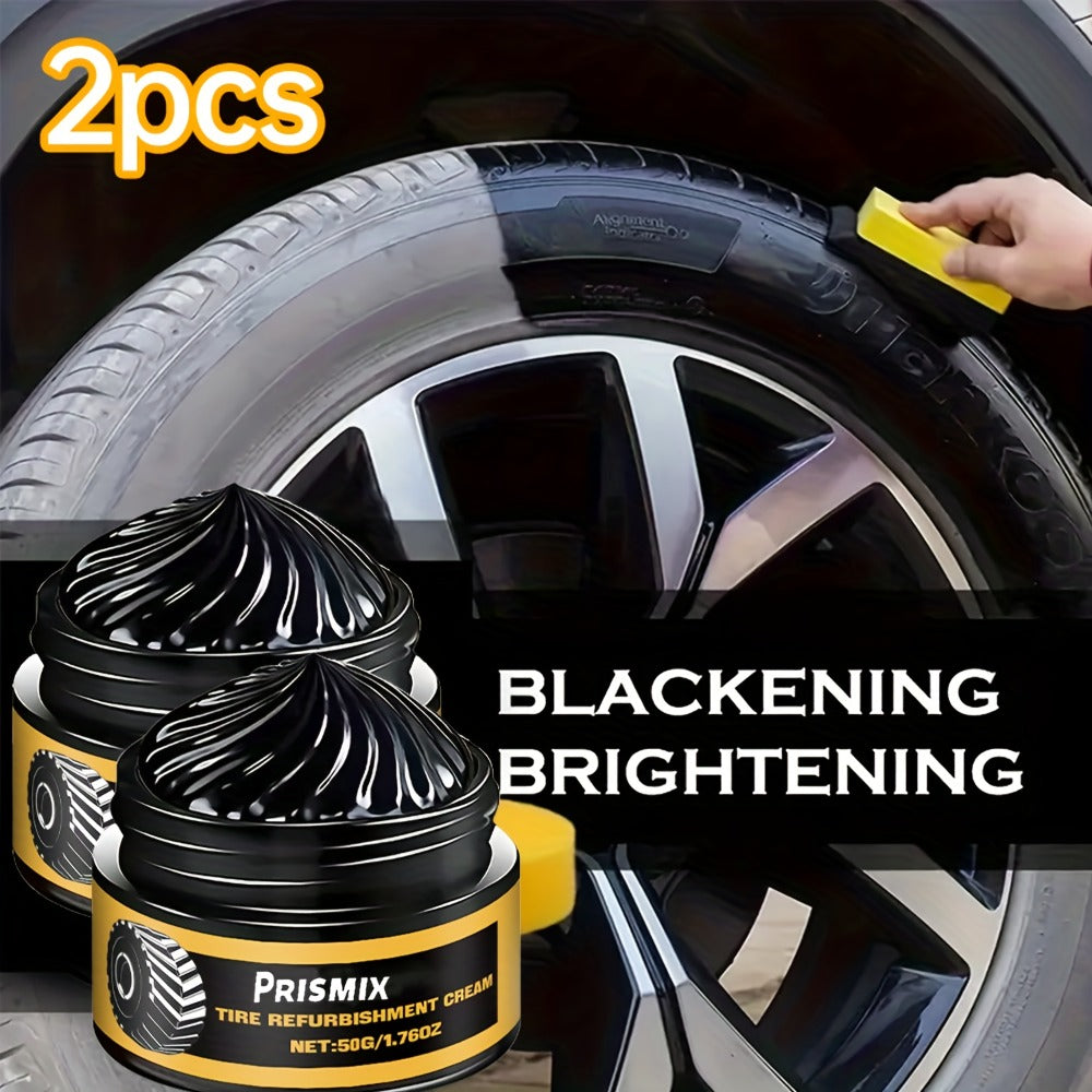 Tire Polishing Paste 2pcs with Sponge – Beeswax Formula Tire Shine & Retreading Paste, Rust Removal, Anti-Fouling, Lasting Black Gloss – No Tools Needed