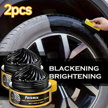 Tire Polishing Paste 2pcs with Sponge – Beeswax Formula Tire Shine & Retreading Paste, Rust Removal, Anti-Fouling, Lasting Black Gloss – No Tools Needed